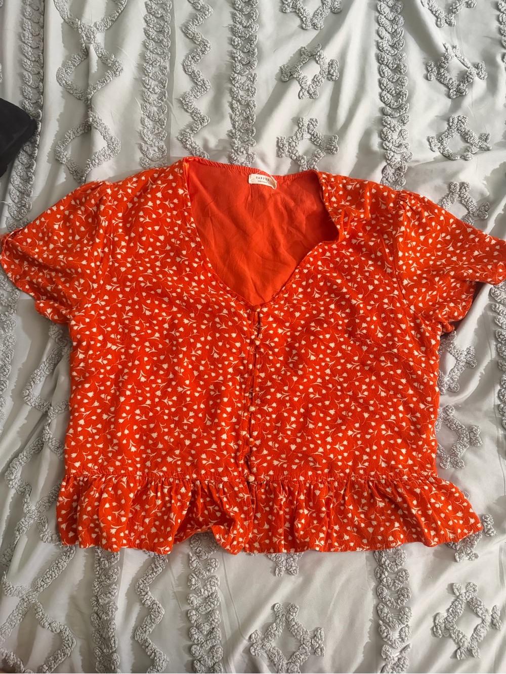 Harper Orange Short Sleeve V-Neck Ruffle Hem Blouse